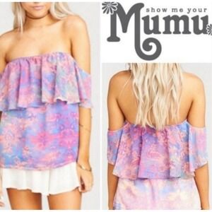 Show Me Your Mumu Womens Off Shoulder Top Ruffle‎ Pink Blue Medium